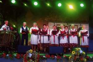 Zespół „Strzyżowiczanie” na gminnych dożynkach, Psary 2011. Powiększ zdjęcie.